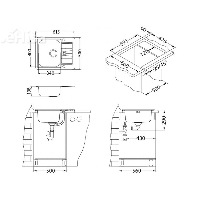 Kuhinjsko pomivalno korito LINE MAXIM 60 inox 615x500 mm z sifonom ALVEUS 1089613
