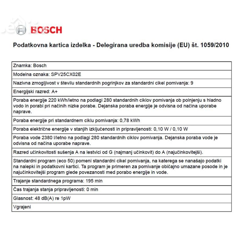 Popolnoma vgradni pomivalni stroj širine 45 cm BOSCH SPV25CX02E
