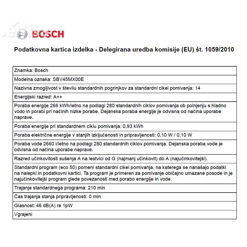 Popolnoma vgradni pomivalni stroj širine 60 cm BOSCH SBV45MX00E
