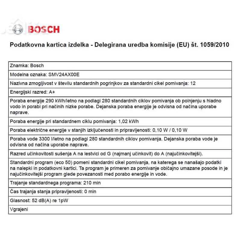 Popolnoma vgradni pomivalni stroj širine 60 cm BOSCH SMV24AX00E
