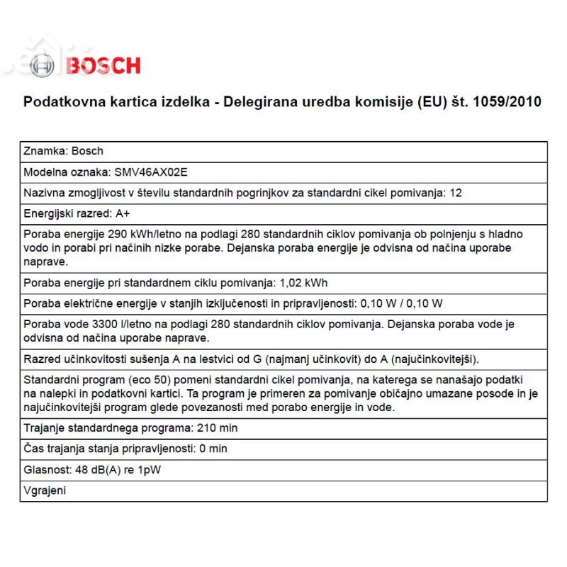 Popolnoma vgradni pomivalni stroj širine 60 cm BOSCH SMV46AX02E
