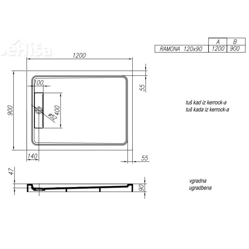 Pravokotna vgradna tuš kad Ramona Tray 120x90 Kerrock KOLPA-SAN 561110
