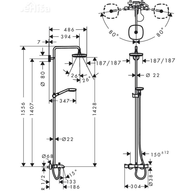 Termostatski tuš set z nadglavno prho Croma Select E 180 bela-krom HANSGROHE 27352400
