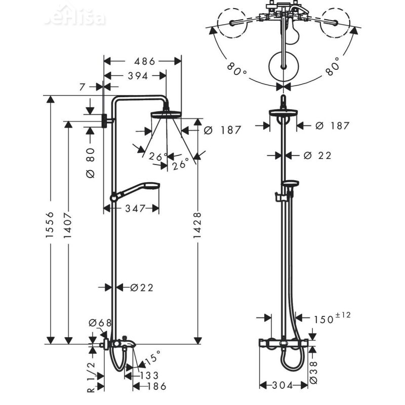 Termostatski tuš set z nadglavno prho in ročko Croma Select S Showerpipe 180 bela-krom HANSGROHE 27351400
