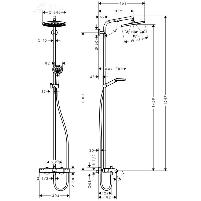 Termostatski tuš set z nadglavno prho in ročko Crometta S 240 krom HANSGROHE 27320000
