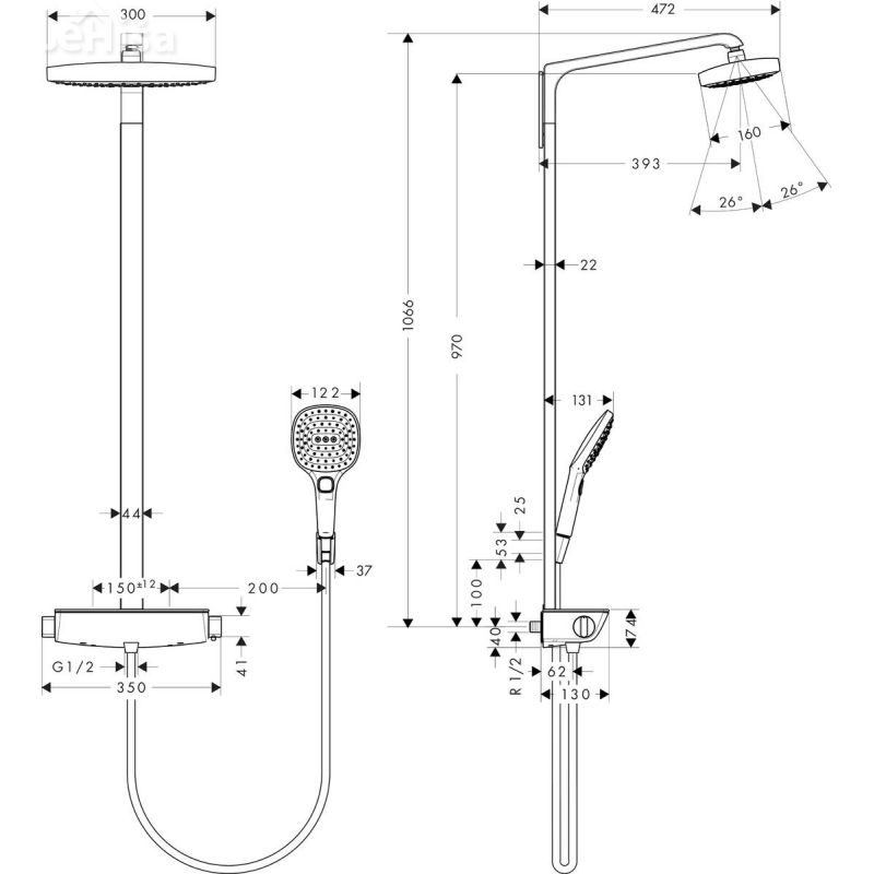 Termostatski tuš set z nadglavno prho Raindance Select E 300 krom HANSGROHE 27282000
