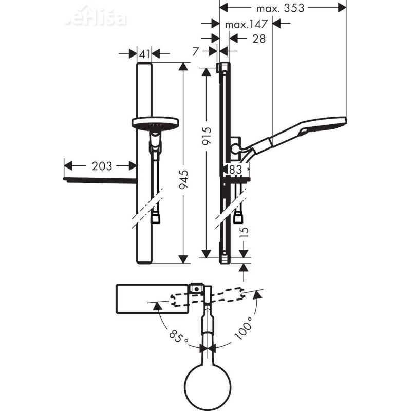 Tuš komplet z ročko in nosilcem Raindance Select S 90 cm brez armature krom HANSGROHE 27648000
