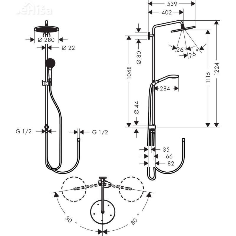 Tuš set z nadglavno prho in ročko Croma Select S Showerpipe 280 krom HANSGROHE 26793000

