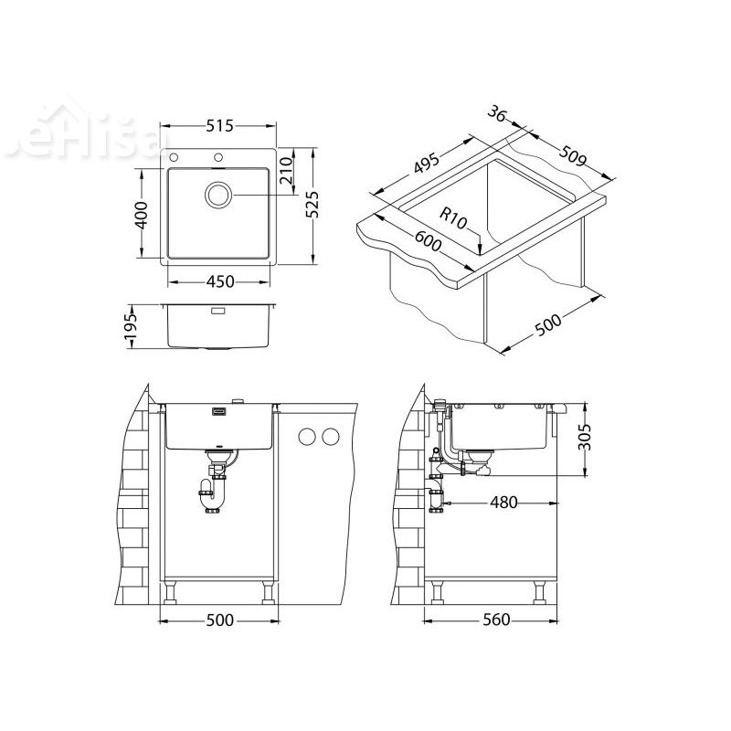 Vgradno kuhinjsko pomivalno korito PURE 30 inox 515x525 mm z sifonom ALVEUS 1103609
